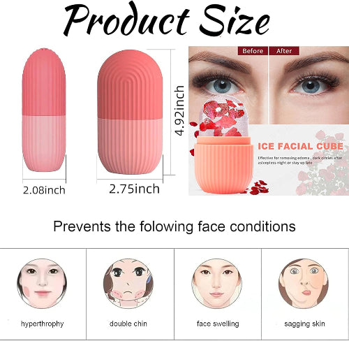 Product size comparison and before-and-after effects of an ice facial cube on skin.