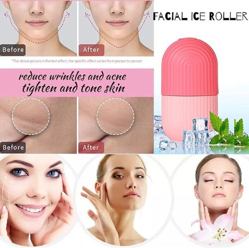 Facial ice roller with before and after effects on skin.