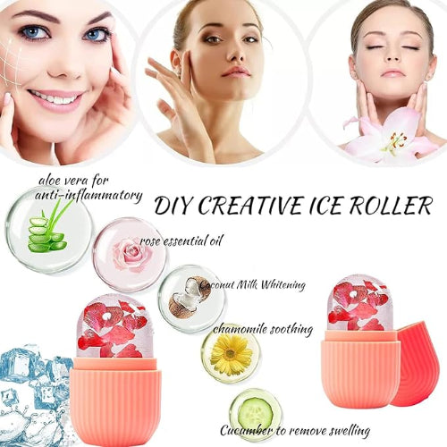 DIY creative ice roller with ingredients and benefits displayed on a white background