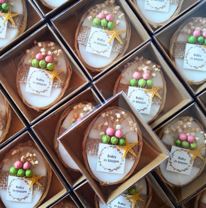 Decorative cookies with 'Baby in Bloom' labels in a grid of boxes.