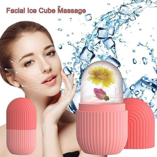 Facial ice cube massage tool with ice cube and water droplets on a white background
